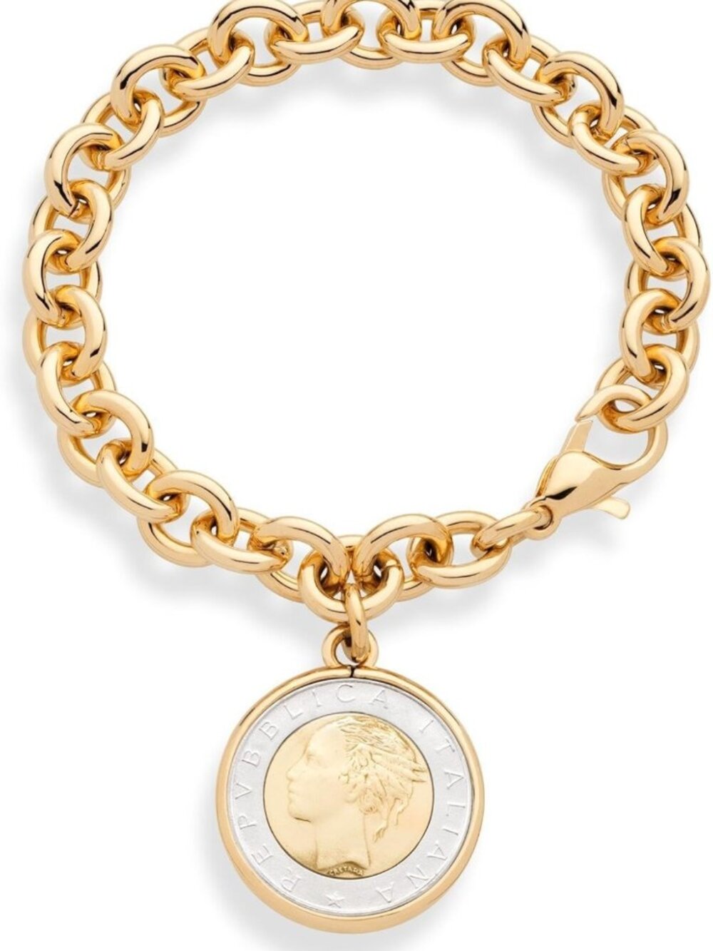 18K Gold Plated Italian 500-Lira Coin Charm Bracelet, Rolo Link Chain for Women